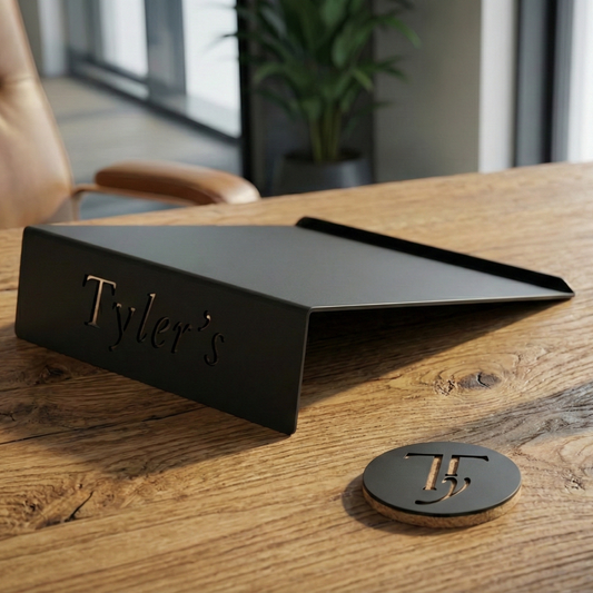 Branded corporate gift set with laser-cut laptop stand, coasters and phone holder