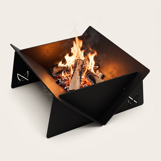Fire Pit by Pretzel Designs: black 5mm steel flat-pack fire pit with a wood fire burning