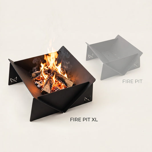 Fire Pit XL by Pretzel Designs: 80cm black steel fire pit with a fire, shown beside the 50cm Fire Pit for size