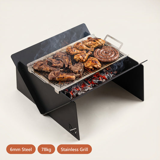 Fire Pit XL & Grill by Pretzel Designs: 80cm black steel fire pit with a large stainless steel grill loaded with chops, chicken and boerewors