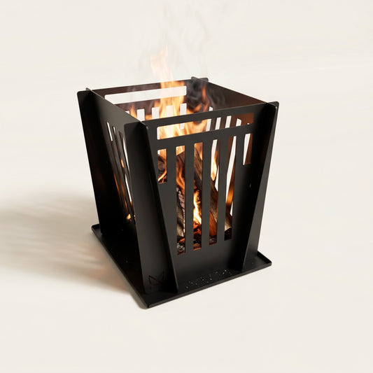 Victor Fire Pit by Pretzel Designs: black steel brazier-style fire pit with flames, standing on its base plate